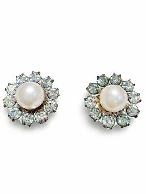 Vintage Napier Faux Pearl Glass Rhinestone Pierced Earrings Signed